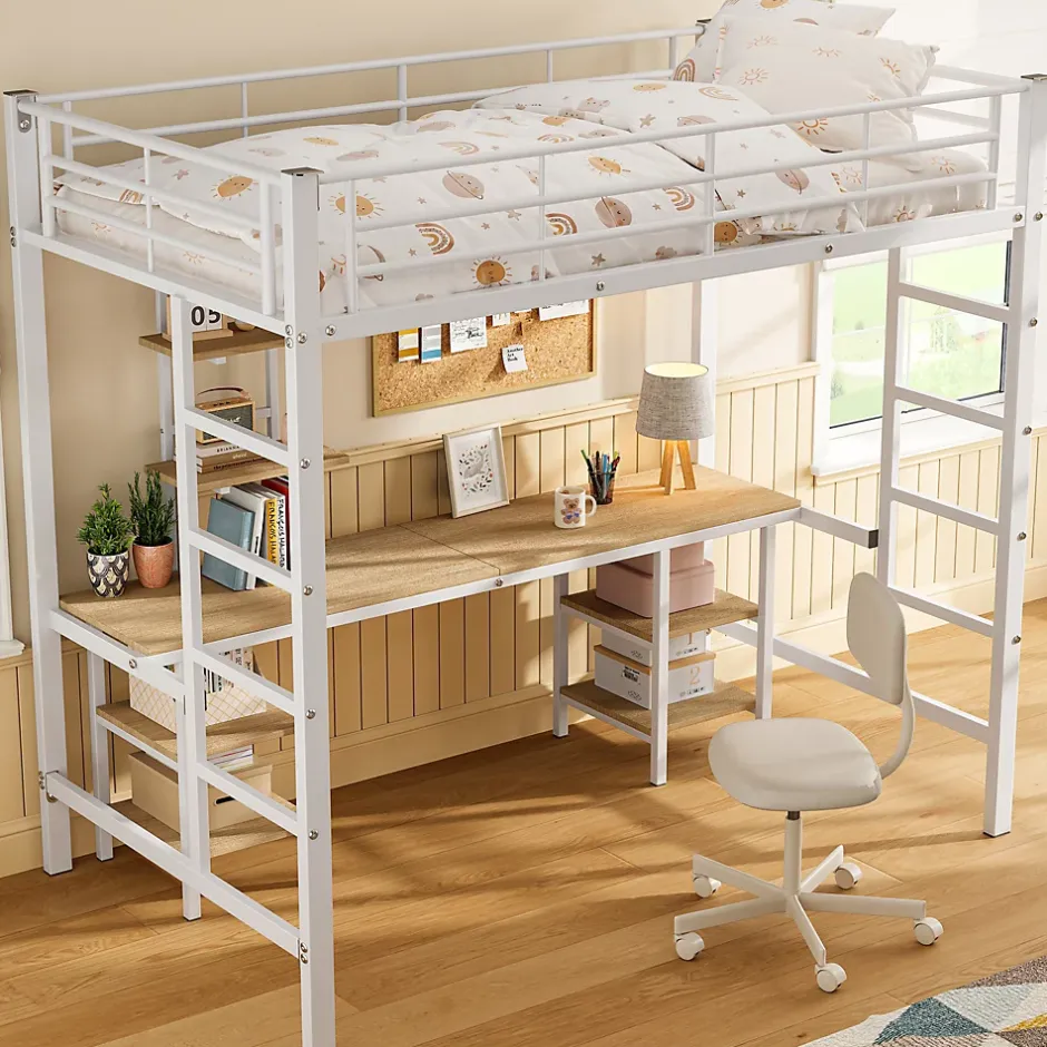 Okwish Lit Mezzanine 90x200 cm - Lit Simple avec Bureau et Étagères de Rangement, Structure Métal Solide, Auto-Installation - Blanc Sale