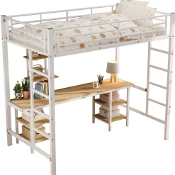 Okwish Lit Mezzanine 90x200 cm - Lit Simple avec Bureau et Étagères de Rangement, Structure Métal Solide, Auto-Installation - Blanc Sale