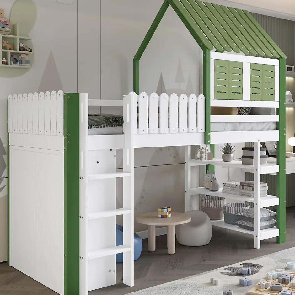 Okwish Lit Mezzanine 90x200 cm - Lit Simple avec Protection et Étagère de Rangement, Bois Pin et MDF, Sans Matelas, Blanc et Vert