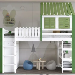 Okwish Lit Mezzanine 90x200 cm - Lit Simple avec Protection et Étagère de Rangement, Bois Pin et MDF, Sans Matelas, Blanc et Vert