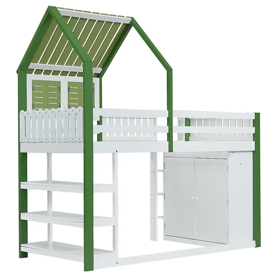 Okwish Lit Mezzanine 90x200 cm - Lit Simple avec Protection et Étagère de Rangement, Bois Pin et MDF, Sans Matelas, Blanc et Vert