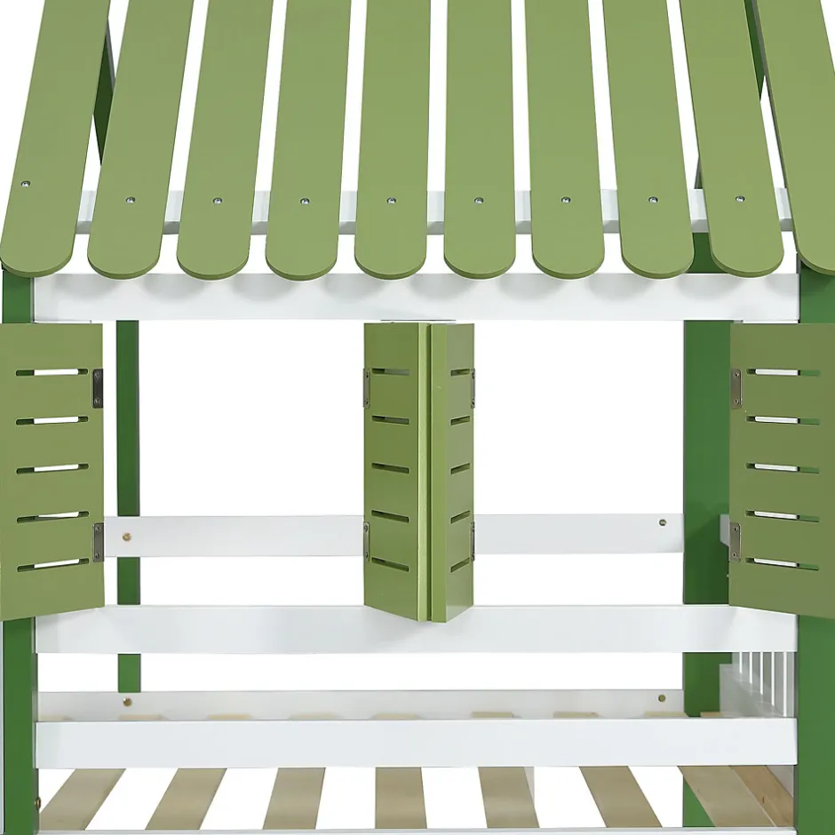 Okwish Lit Mezzanine 90x200 cm - Lit Simple avec Protection et Étagère de Rangement, Bois Pin et MDF, Sans Matelas, Blanc et Vert