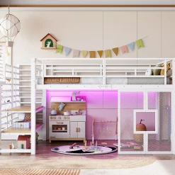 Okwish Lit Mezzanine 90x200 cm - Lit Simple avec Escalier de Rangement et LED Intégrée, sans Matelas - Métal Blanc