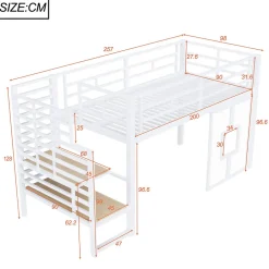 Okwish Lit Mezzanine 90x200 cm - Lit Simple avec Escalier de Rangement et LED Intégrée, sans Matelas - Métal Blanc