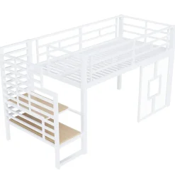 Okwish Lit Mezzanine 90x200 cm - Lit Simple avec Escalier de Rangement et LED Intégrée, sans Matelas - Métal Blanc