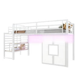 Okwish Lit Mezzanine 90x200 cm - Lit Simple avec Escalier de Rangement et LED Intégrée, sans Matelas - Métal Blanc