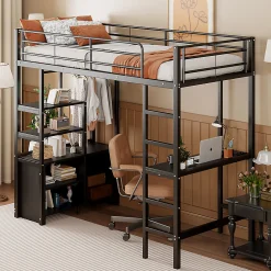 Okwish Lit Mezzanine 90x200 cm - Lit Surélevé Ado en Métal avec Bureau, Prise USB et Rangements Ouverts - Sans Matelas - Noir