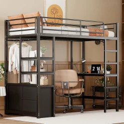 Okwish Lit Mezzanine 90x200 cm - Lit Surélevé Ado en Métal avec Bureau, Prise USB et Rangements Ouverts - Sans Matelas - Noir