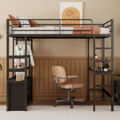 Okwish Lit Mezzanine 90x200 cm - Lit Surélevé Ado en Métal avec Bureau, Prise USB et Rangements Ouverts - Sans Matelas - Noir
