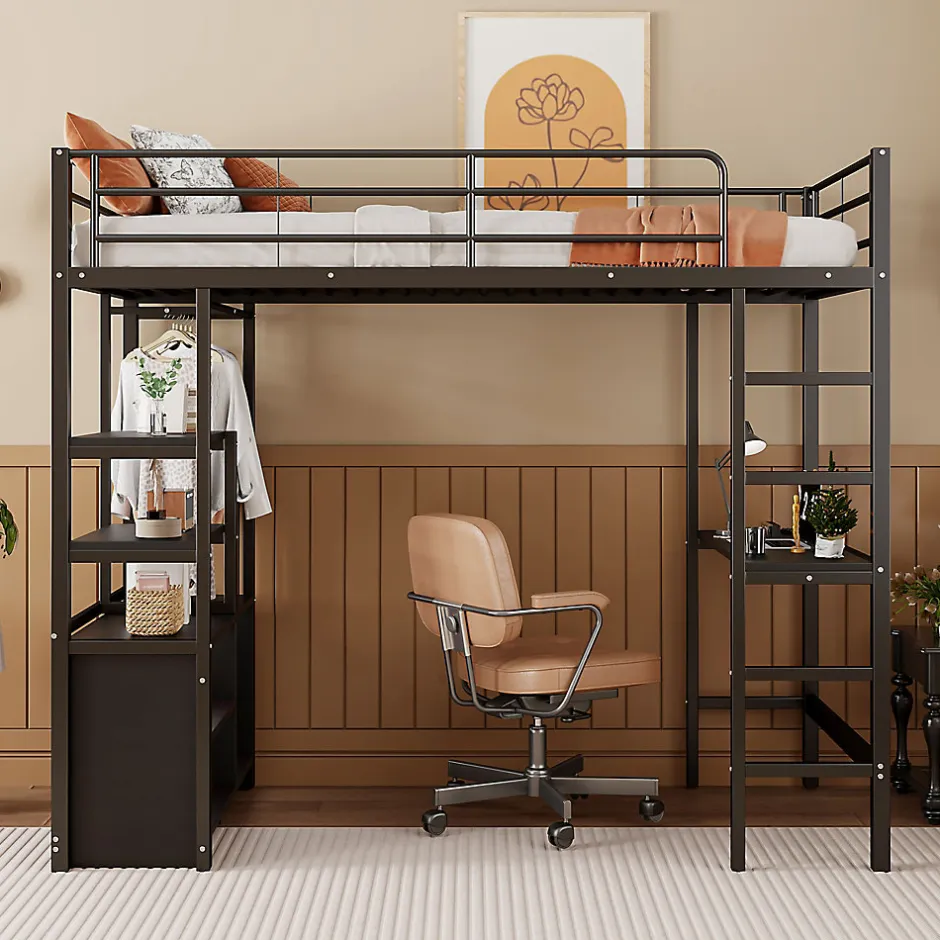 Okwish Lit Mezzanine 90x200 cm - Lit Surélevé Ado en Métal avec Bureau, Prise USB et Rangements Ouverts - Sans Matelas - Noir