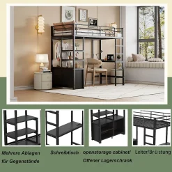 Okwish Lit Mezzanine 90x200 cm - Lit Surélevé Ado en Métal avec Bureau, Prise USB et Rangements Ouverts - Sans Matelas - Noir