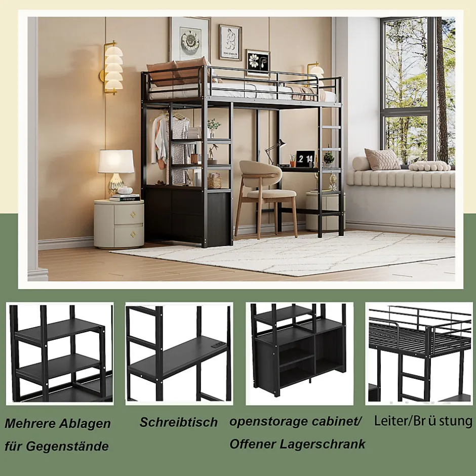 Okwish Lit Mezzanine 90x200 cm - Lit Surélevé Ado en Métal avec Bureau, Prise USB et Rangements Ouverts - Sans Matelas - Noir