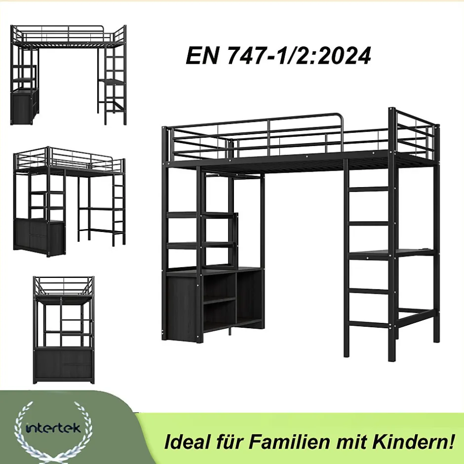Okwish Lit Mezzanine 90x200 cm - Lit Surélevé Ado en Métal avec Bureau, Prise USB et Rangements Ouverts - Sans Matelas - Noir