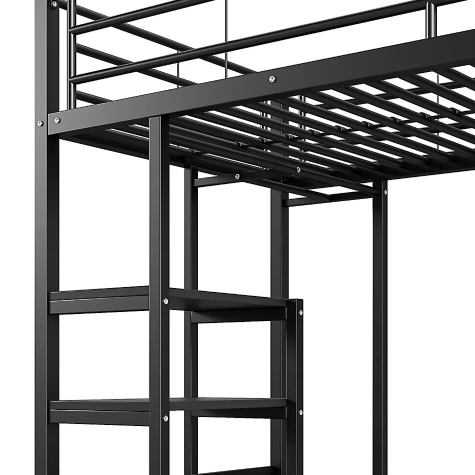 Okwish Lit Mezzanine 90x200 cm - Lit Surélevé Ado en Métal avec Bureau, Prise USB et Rangements Ouverts - Sans Matelas - Noir