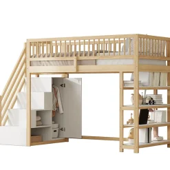 Okwish Lit Mezzanine 90x200 cm - Lit Simple avec Escalier Sécurisé, Armoire et Étagères de Rangement, Sans Matelas - Naturel Best