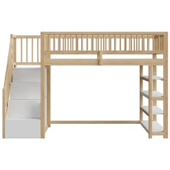 Okwish Lit Mezzanine 90x200 cm - Lit Simple avec Escalier Sécurisé, Armoire et Étagères de Rangement, Sans Matelas - Naturel Best