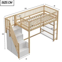 Okwish Lit Mezzanine 90x200 cm - Lit Simple avec Escalier Sécurisé, Armoire et Étagères de Rangement, Sans Matelas - Naturel Best