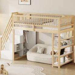 Okwish Lit Mezzanine 90x200 cm - Lit Simple avec Escalier Sécurisé, Armoire et Étagères de Rangement, Sans Matelas - Naturel Best