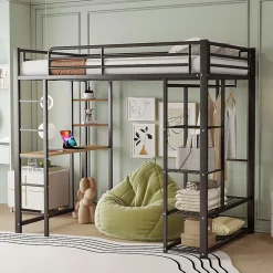 Okwish Lit mezzanine 90x200 cm - Lit simple avec étagères de rangement et échelle pratique - Table intégrée - Sans matelas - Noir