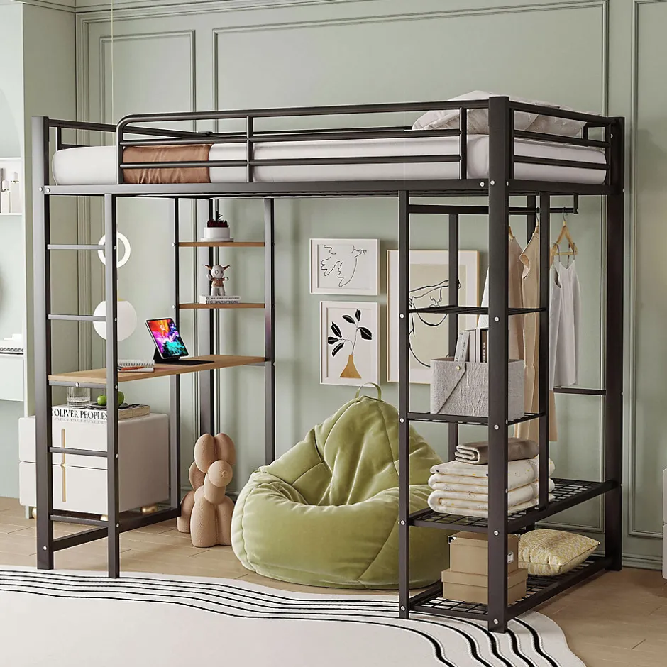 Okwish Lit mezzanine 90x200 cm - Lit simple avec étagères de rangement et échelle pratique - Table intégrée - Sans matelas - Noir