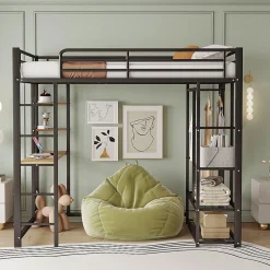 Okwish Lit mezzanine 90x200 cm - Lit simple avec étagères de rangement et échelle pratique - Table intégrée - Sans matelas - Noir