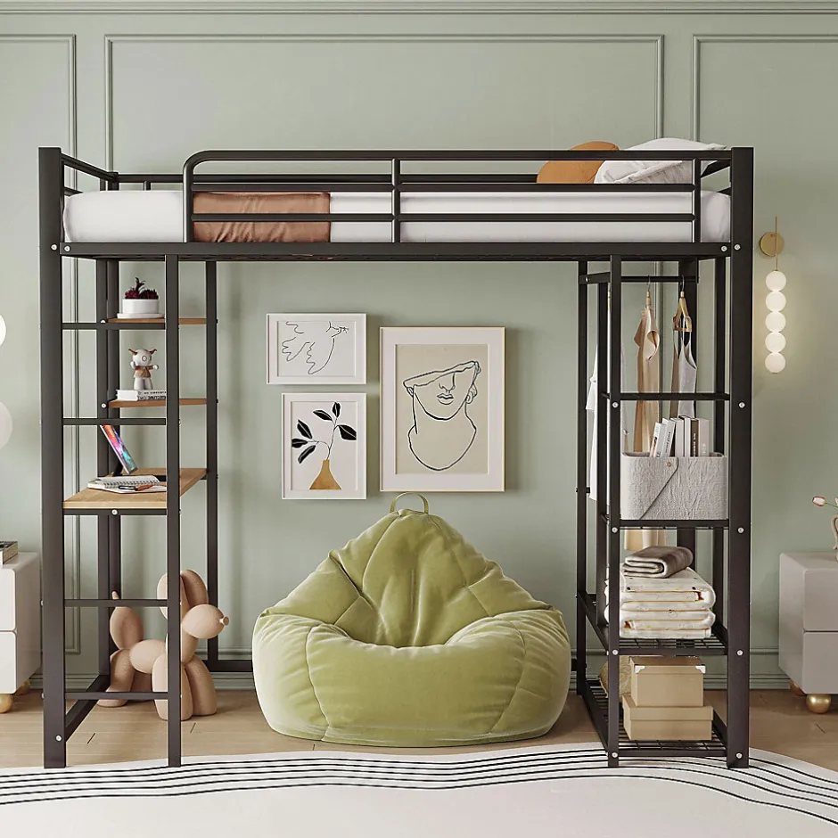 Okwish Lit mezzanine 90x200 cm - Lit simple avec étagères de rangement et échelle pratique - Table intégrée - Sans matelas - Noir