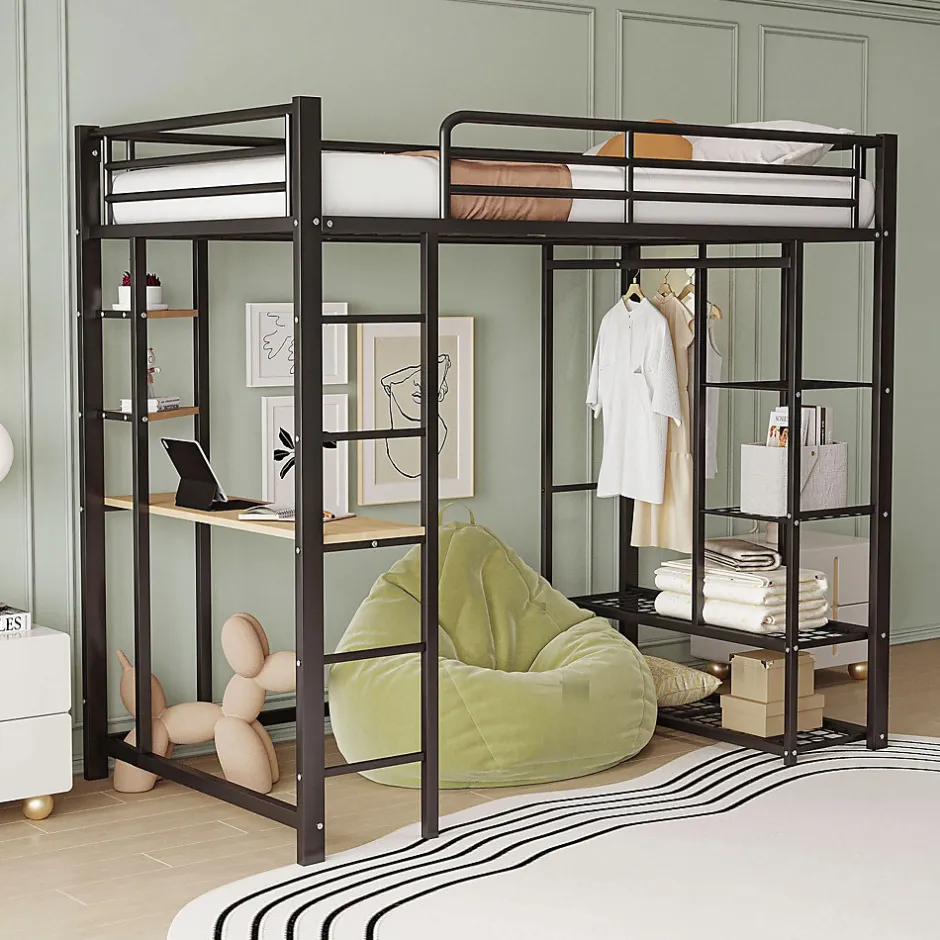 Okwish Lit mezzanine 90x200 cm - Lit simple avec étagères de rangement et échelle pratique - Table intégrée - Sans matelas - Noir
