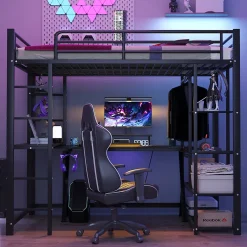 Okwish Lit mezzanine 90x200 cm - Lit simple avec étagères de rangement et échelle pratique - Table intégrée - Sans matelas - Noir