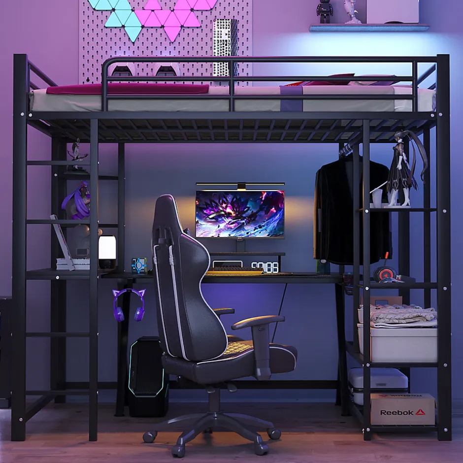 Okwish Lit mezzanine 90x200 cm - Lit simple avec étagères de rangement et échelle pratique - Table intégrée - Sans matelas - Noir