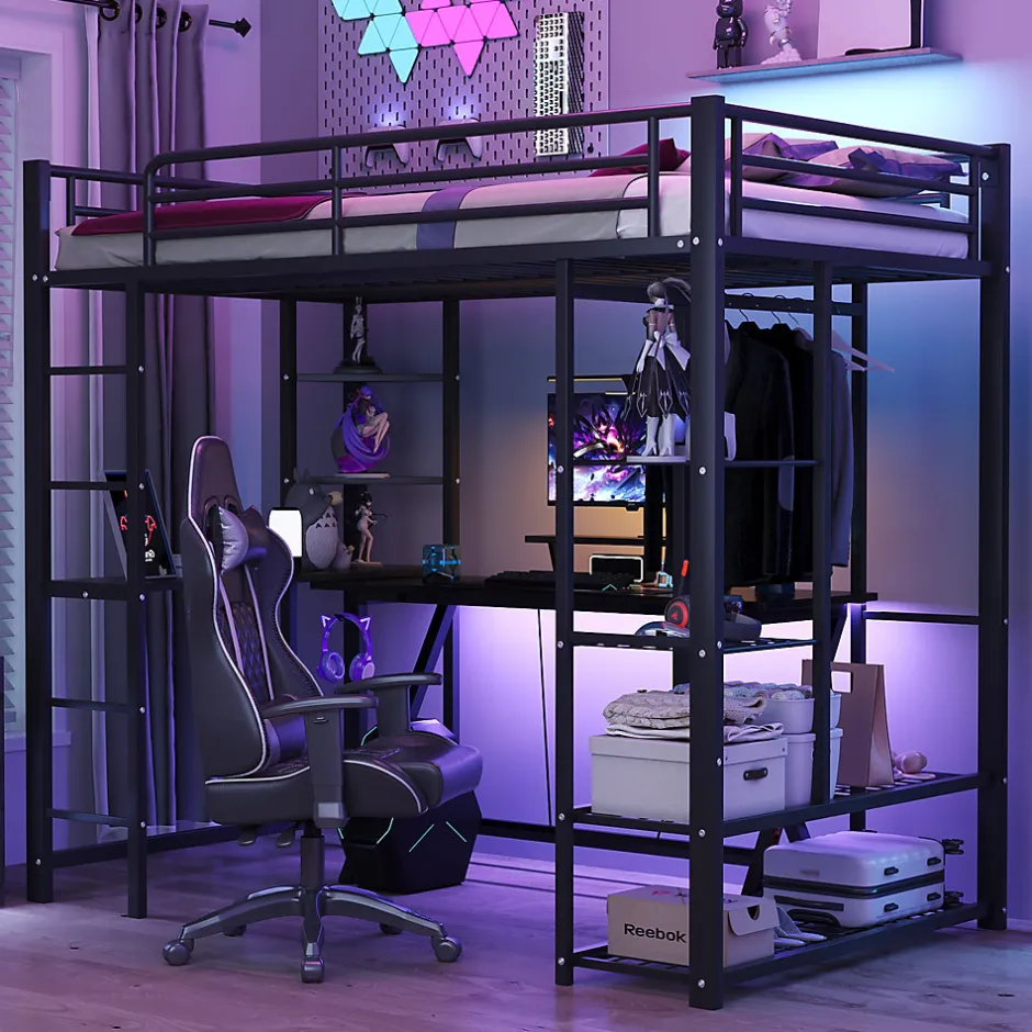 Okwish Lit mezzanine 90x200 cm - Lit simple avec étagères de rangement et échelle pratique - Table intégrée - Sans matelas - Noir