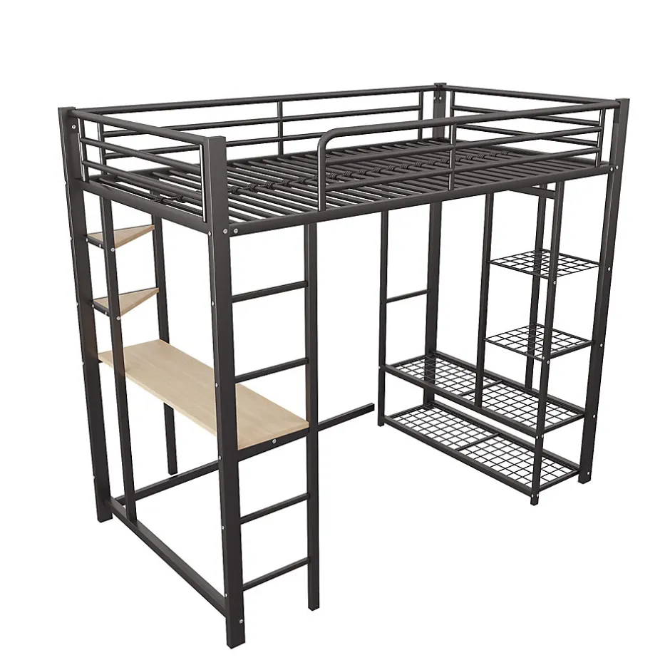 Okwish Lit mezzanine 90x200 cm - Lit simple avec étagères de rangement et échelle pratique - Table intégrée - Sans matelas - Noir