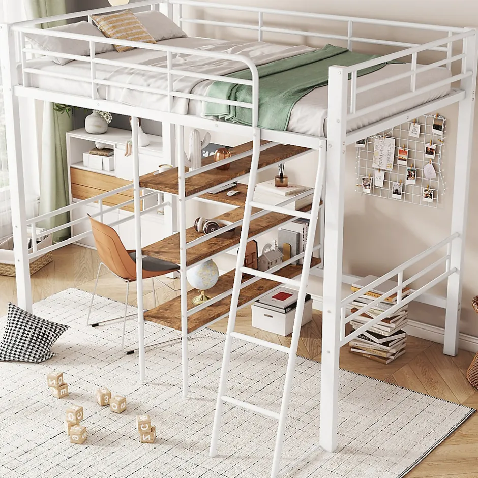 Okwish Lit Mezzanine 90x200 cm - Lit Simple avec Bureau en L, Échelle et Garde-Corps, Sans Matelas - Métal, Blanc
