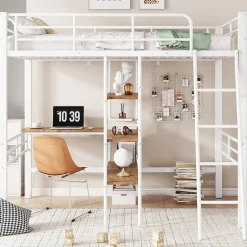 Okwish Lit Mezzanine 90x200 cm - Lit Simple avec Bureau en L, Échelle et Garde-Corps, Sans Matelas - Métal, Blanc