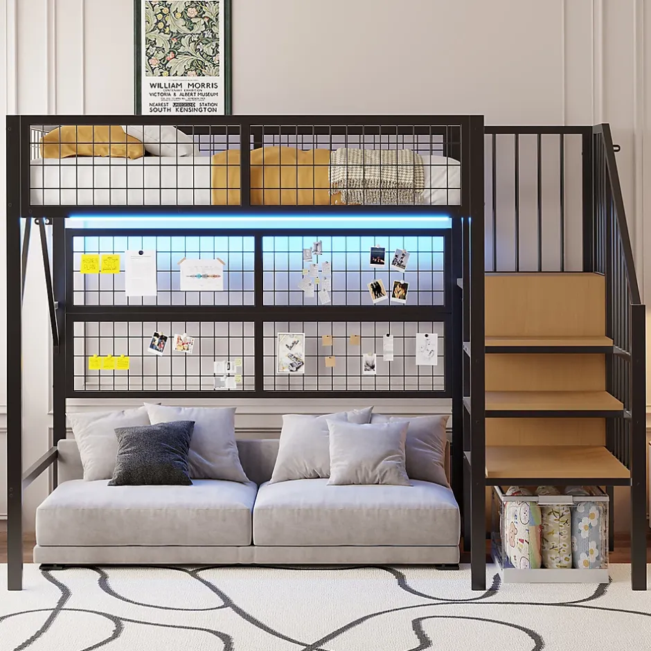 Okwish Lit mezzanine 90x200 cm - Lit simple déco avec éclairage LED et rangement sous lit - Armoire ouverte en MDF et métal - Noir Discount