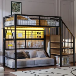 Okwish Lit mezzanine 90x200 cm - Lit simple déco avec éclairage LED et rangement sous lit - Armoire ouverte en MDF et métal - Noir Discount