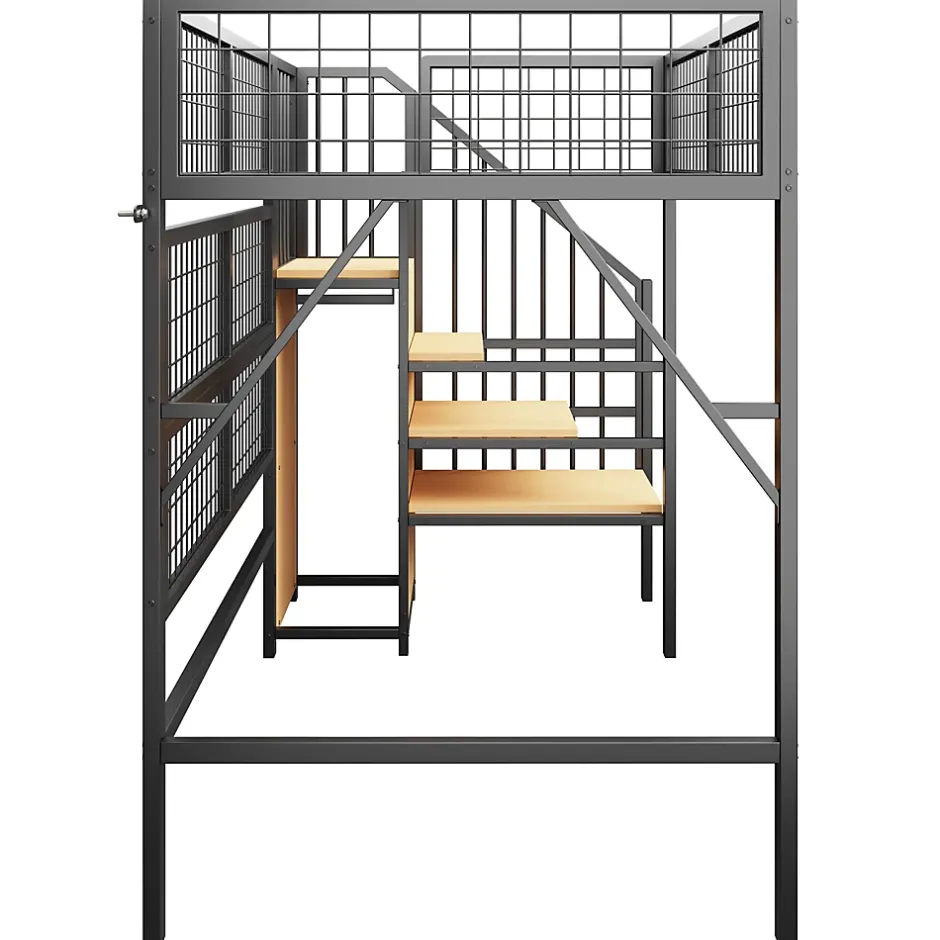Okwish Lit mezzanine 90x200 cm - Lit simple déco avec éclairage LED et rangement sous lit - Armoire ouverte en MDF et métal - Noir Discount