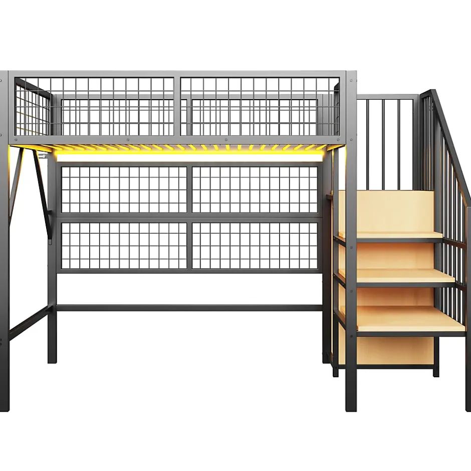 Okwish Lit mezzanine 90x200 cm - Lit simple déco avec éclairage LED et rangement sous lit - Armoire ouverte en MDF et métal - Noir Discount