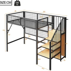 Okwish Lit mezzanine 90x200 cm - Lit simple déco avec éclairage LED et rangement sous lit - Armoire ouverte en MDF et métal - Noir Discount