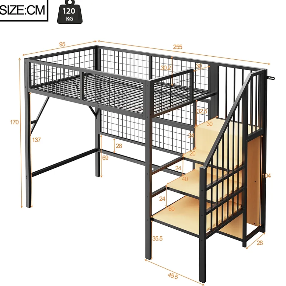 Okwish Lit mezzanine 90x200 cm - Lit simple déco avec éclairage LED et rangement sous lit - Armoire ouverte en MDF et métal - Noir Discount