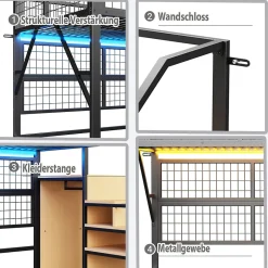 Okwish Lit mezzanine 90x200 cm - Lit simple déco avec éclairage LED et rangement sous lit - Armoire ouverte en MDF et métal - Noir Discount