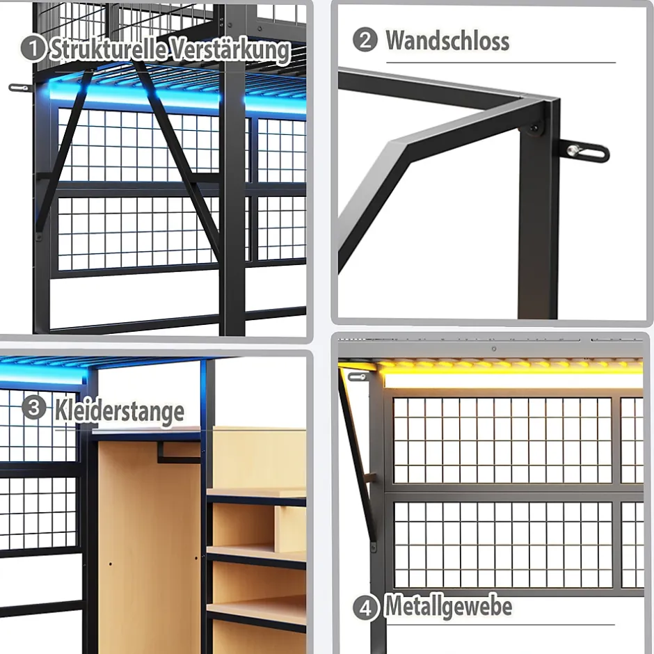 Okwish Lit mezzanine 90x200 cm - Lit simple déco avec éclairage LED et rangement sous lit - Armoire ouverte en MDF et métal - Noir Discount