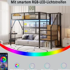 Okwish Lit mezzanine 90x200 cm - Lit simple déco avec éclairage LED et rangement sous lit - Armoire ouverte en MDF et métal - Noir Discount