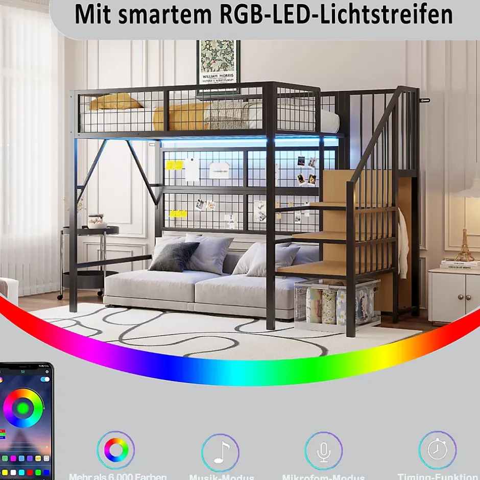 Okwish Lit mezzanine 90x200 cm - Lit simple déco avec éclairage LED et rangement sous lit - Armoire ouverte en MDF et métal - Noir Discount