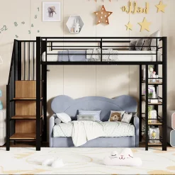 Okwish Lit Mezzanine 90x200 cm - Lit Simple avec Escalier Sécurisé et Rangement Intégré, Structure Métal et MDF, Sans Matelas - Noir