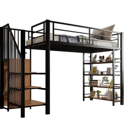 Okwish Lit Mezzanine 90x200 cm - Lit Simple avec Escalier Sécurisé et Rangement Intégré, Structure Métal et MDF, Sans Matelas - Noir