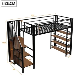 Okwish Lit Mezzanine 90x200 cm - Lit Simple avec Escalier Sécurisé et Rangement Intégré, Structure Métal et MDF, Sans Matelas - Noir