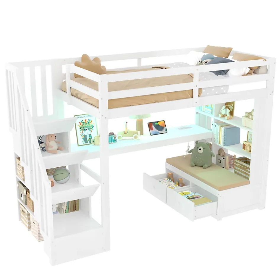 Okwish Lit Mezzanine 90x200 cm - Lit Simple avec Bureau et Étagères, LED Intégrée, sans Matelas - MDF Blanc New