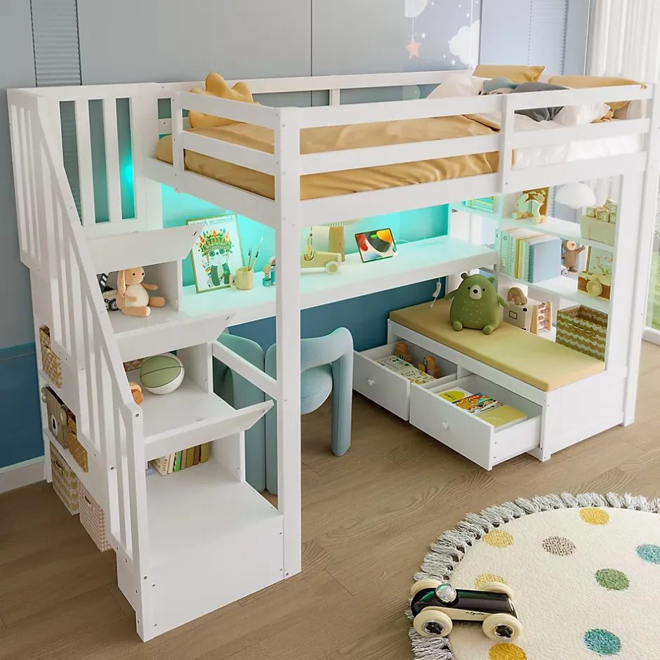 Okwish Lit Mezzanine 90x200 cm - Lit Simple avec Bureau et Étagères, LED Intégrée, sans Matelas - MDF Blanc New