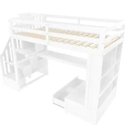 Okwish Lit Mezzanine 90x200 cm - Lit Simple avec Bureau et Étagères, LED Intégrée, sans Matelas - MDF Blanc New