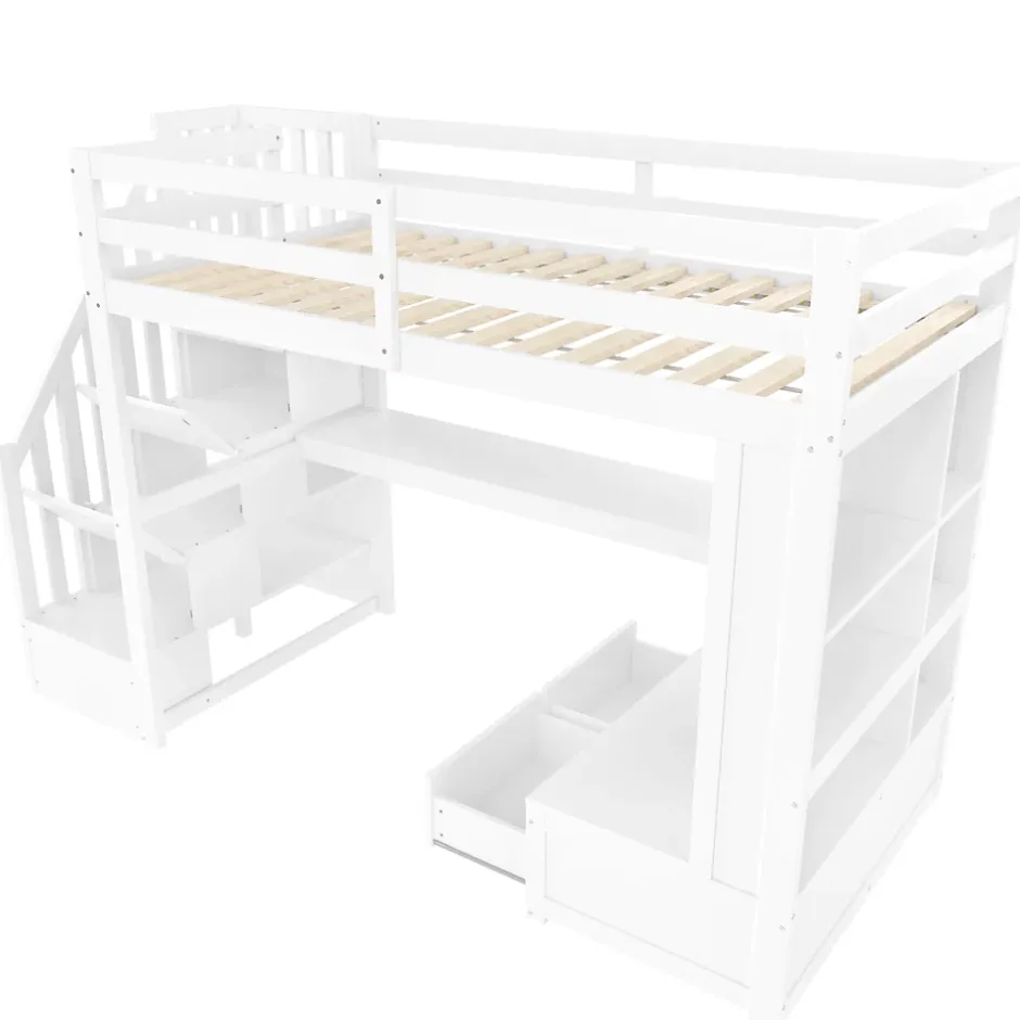 Okwish Lit Mezzanine 90x200 cm - Lit Simple avec Bureau et Étagères, LED Intégrée, sans Matelas - MDF Blanc New